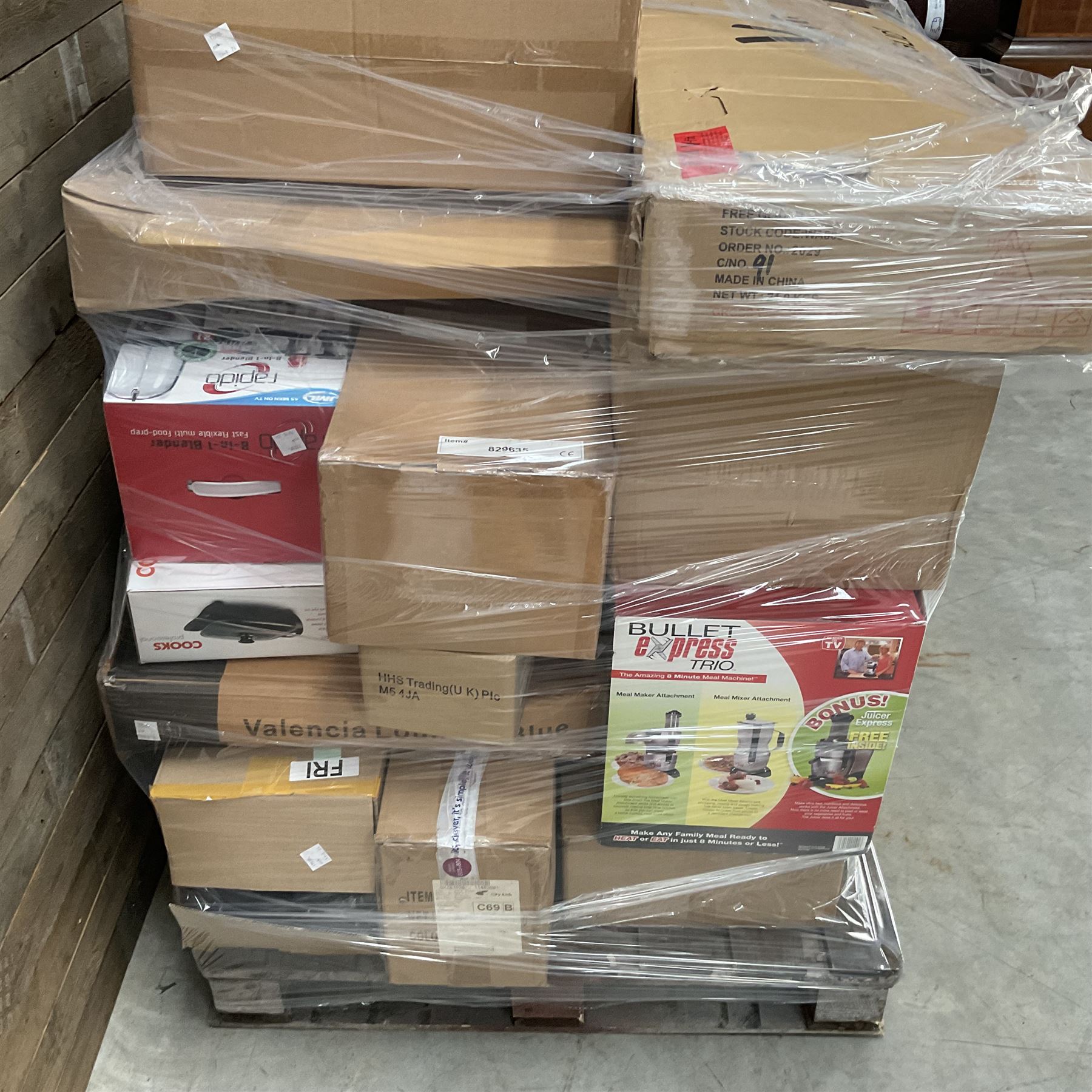 Four pallets of domestic goods to include, cleaning equipment, vacuums, exercise equipment, cooking items, Brother printer, garden loungers, irons and more… approx. 60 items