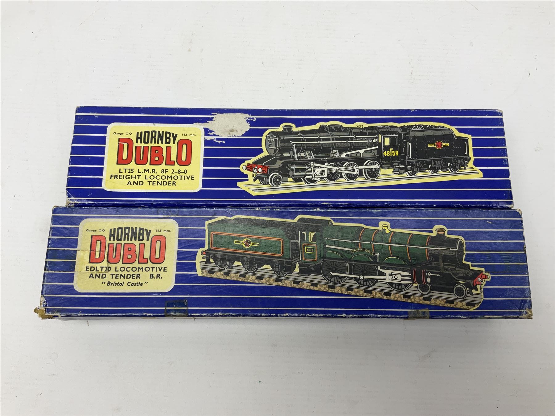 Hornby Dublo - 3-rail - Class 8F 2-8-0 freight locomotive No.48158 in unlined BR black; and Castle Class 4-6-0 locomotive 'Bristol Castle' No.7013 in lined BR green; each in original blue striped box (2)