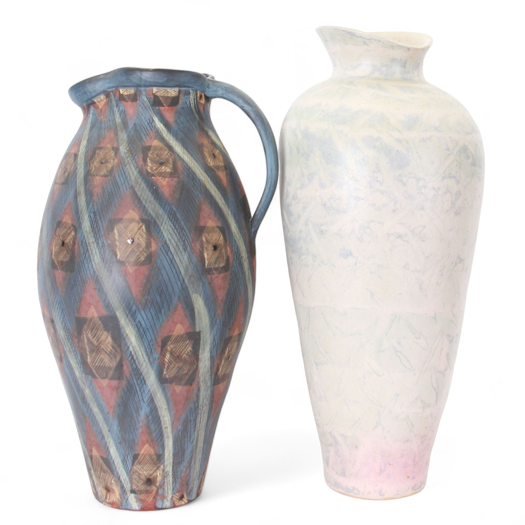 Jackie Walton; Studio pottery large jug decorated with geometric patters, together with another Jackie Walton vase, jug H52cm