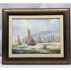 Ken Hammond (British 1948-): 'Fishing Fleet at Newlyn' and 'Fishing Fleet Leaving Whitby', pair oils on canvas signed, titled verso 29cm x 39cm (2)