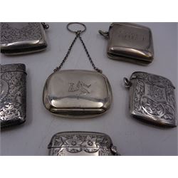 1920s silver miniature purse, engraved with triskelion symbol to hinged cover, hallmarked Adie & Lovekin Ltd, Birmingham 1920, together with five early 20th century silver vesta cases, all of typical form, engraved with foliate and scrolling details, all hallmarked