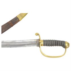 Victorian Police Constabulary Hanger, curved single edge blade, steel knucklebow and downswept quillon marked 864, stepped pommel and ribbed fishskin grip; in leather covered scabbard with steel mounts, L75cm 