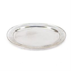 American silver tray, of plain oval form with embossed rim engraved to underside with mono...