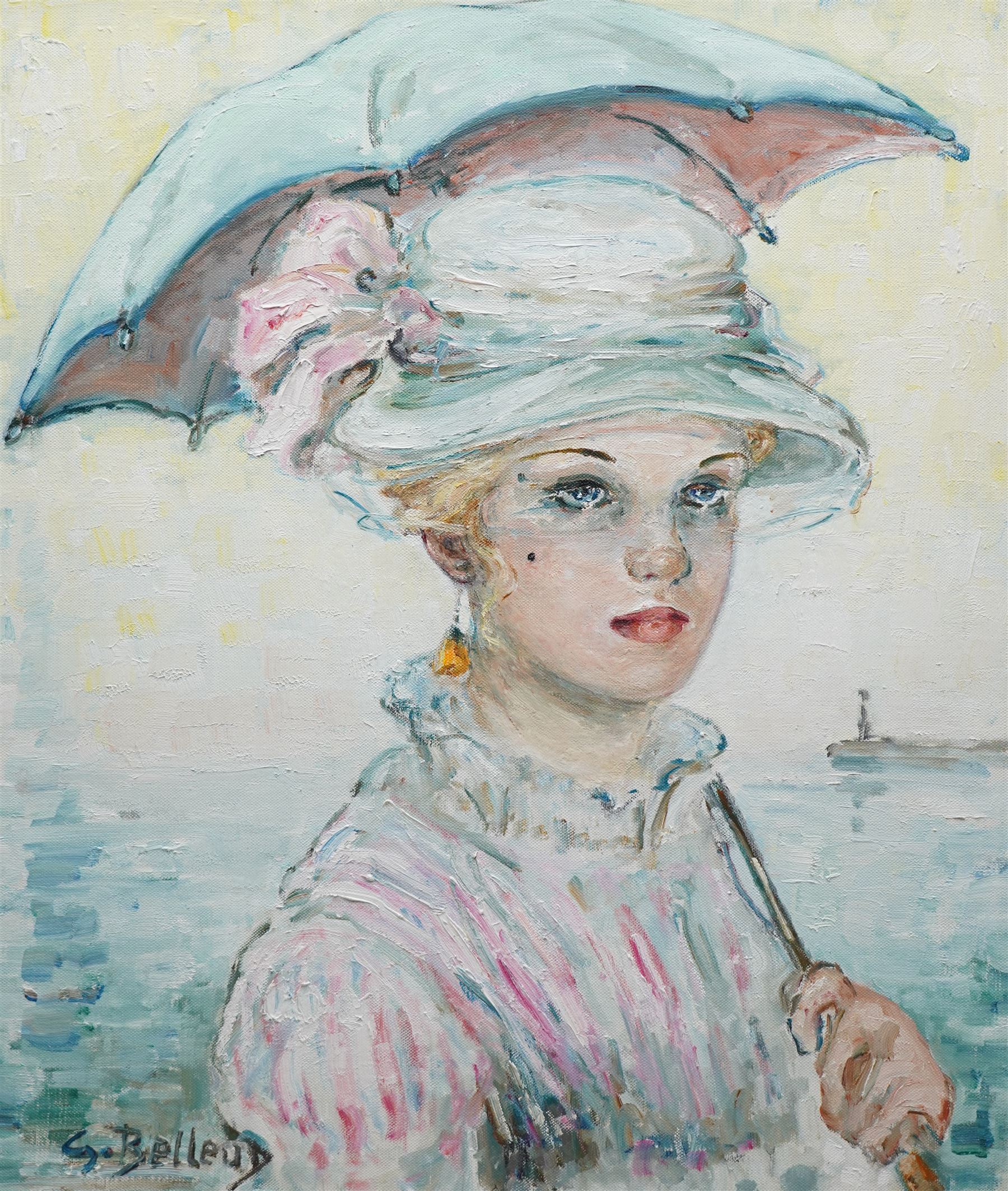  Gisèle Belleud (French 1921-2019): Portrait of 'Anna Maria' an Elegant Lady Holding an Umbrella, oil on canvas signed, titled and dated 1981 verso 53cm x 45cm