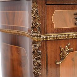 Mid-to-late 20th century mahogany and walnut side cabinet, shaped white and grey variegated marble top, single frieze drawer inlaid with scrolling leafy branches and flower heads, single internal shelf enclosed by two doors inlaid with flowers, decorated with cast gilt metal mounts, on cabriole feet 