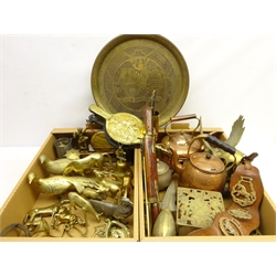  Brass pheasants, copper kettle, brass gong, horse brasses, trivets and other metalware in two boxes  