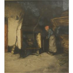 Emanuël Samson van Beever (Dutch 1876-1912): Interior Scene with Woman Tending to Fire, etching with aquatint signed in pencil and blind stamped, 36cm x 32cm 