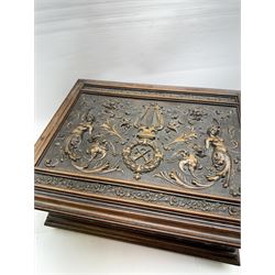 19th century Continental mahogany and oak box, carved in high relief with classical figures, harp, musical trophies, anthemion and foliate motifs, H22.5cm L48cm D38.5cm