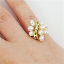 9ct gold pearl and three stone diamond cluster ring, Birmingham import mark 1992