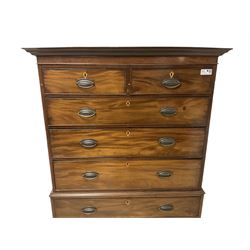 Early 19th century mahogany chest-on-chest, projecting cornice over banded frieze, fitted with two short over six long graduating cock-beaded drawers with bone and timber escutcheons, on bracket feet