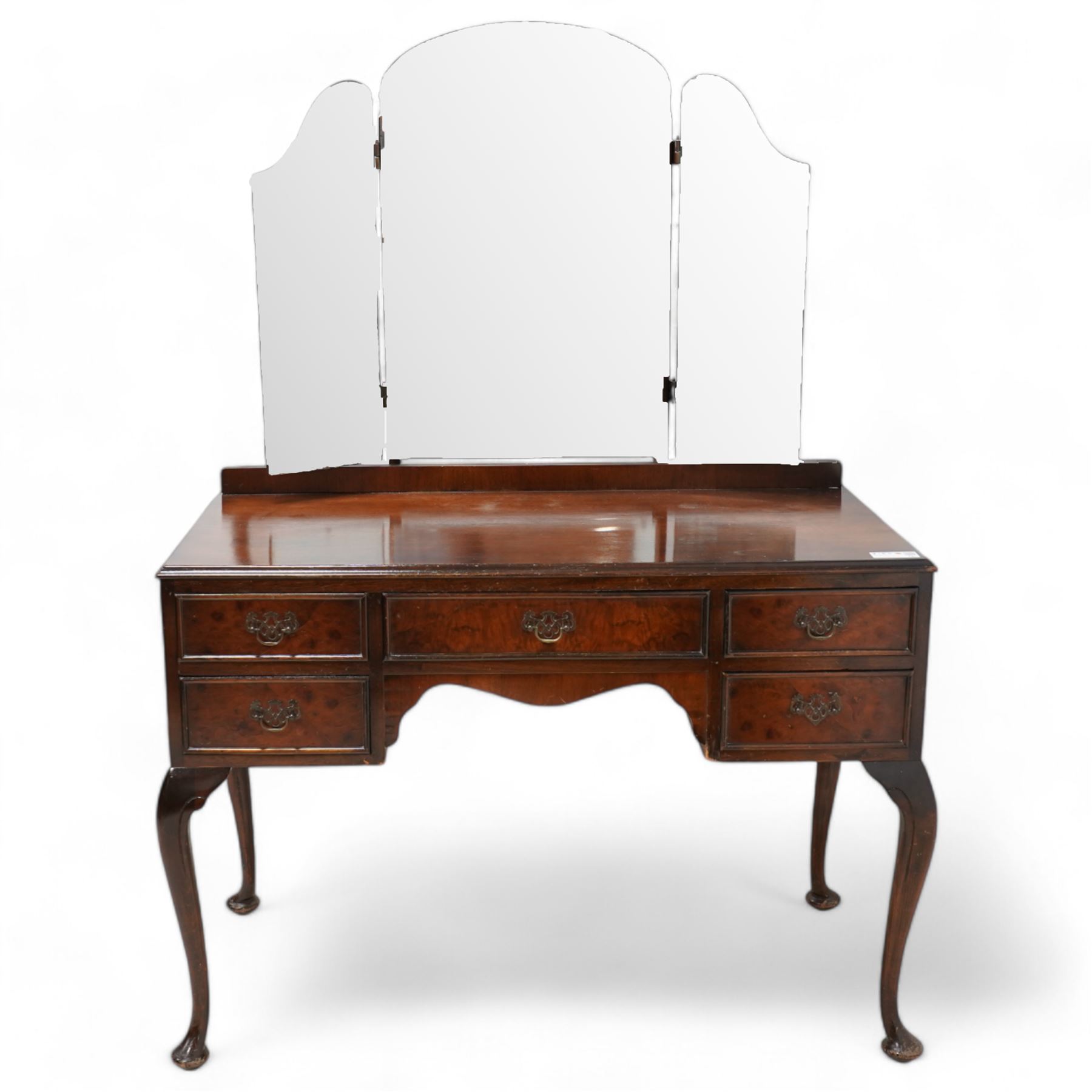 Mid-20th century figured walnut double wardrobe (W126cm, H189cm, D56cm); matching dressing table (W110cm, H153cm); with chair and stool