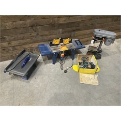 Terratek pillar drill, Wolf router with table, Bosch router and an Energer table saw