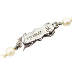 Mikimoto single strand cultured cream / white pearl necklace, with silver marcasite clasp, boxed