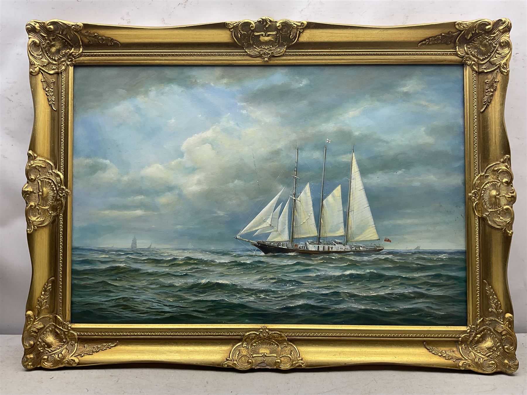 Brian Mays (British 1938-2005): 'Sir Winston Churchill' - Study of a Three Masted Topsail Schooner, oil on canvas signed, titled verso 49.5cm x 75cm 
Provenance: direct from the family of the artist.