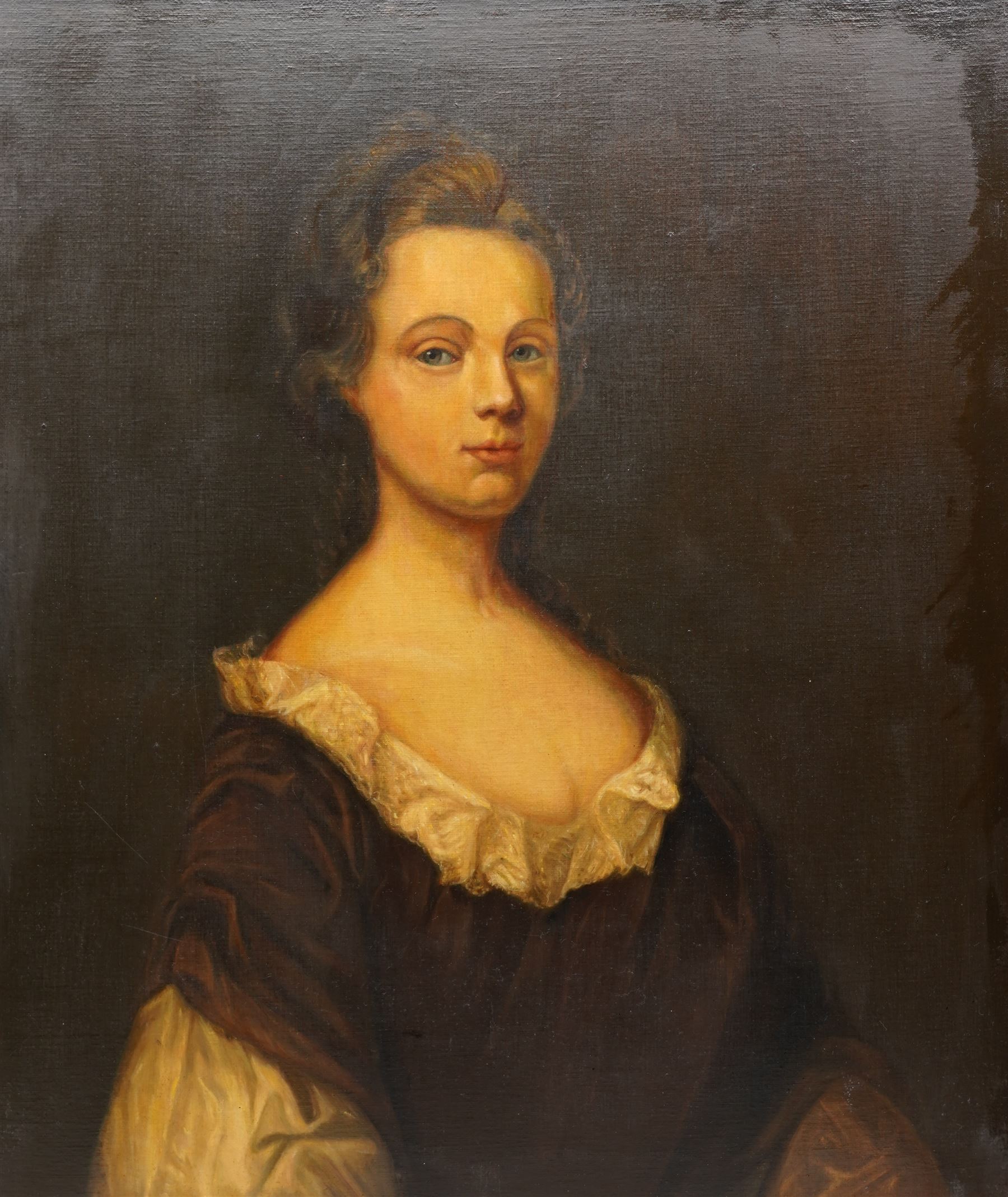 English School (20th Century): Portrait of a Lady in Pearls, oil on canvas unsigned, paired with a similar print 70cm x 60cm (2)