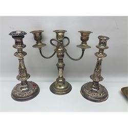 Collection of silver plate, to include pedestal dish, candle sticks, tea service etc  