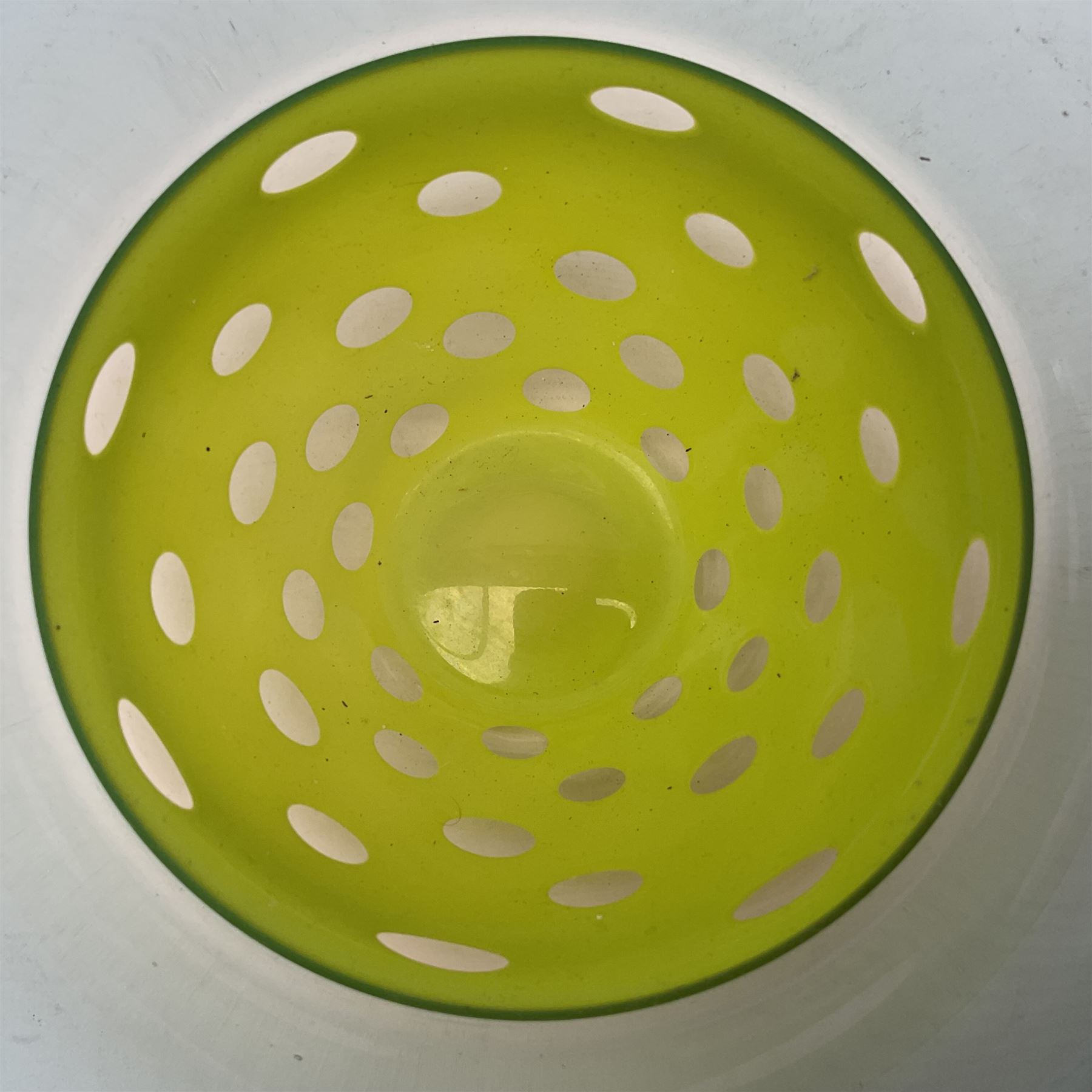 Stuart Akroyd glass vase, blue banded top and lime green opaque lower section with bubble inclusions, with sticker and engraved signature beneath, H15cm