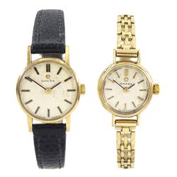 Omega two ladies 9ct gold manual wind wristwatches, on one 9ct gold bracelet, the other on...