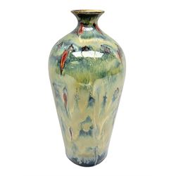 Cobridge Stoneware vase of bluster form by Andrew Hill, decorated in layered dripping blue red and brown glaze, with impressed and painted mark beneath 