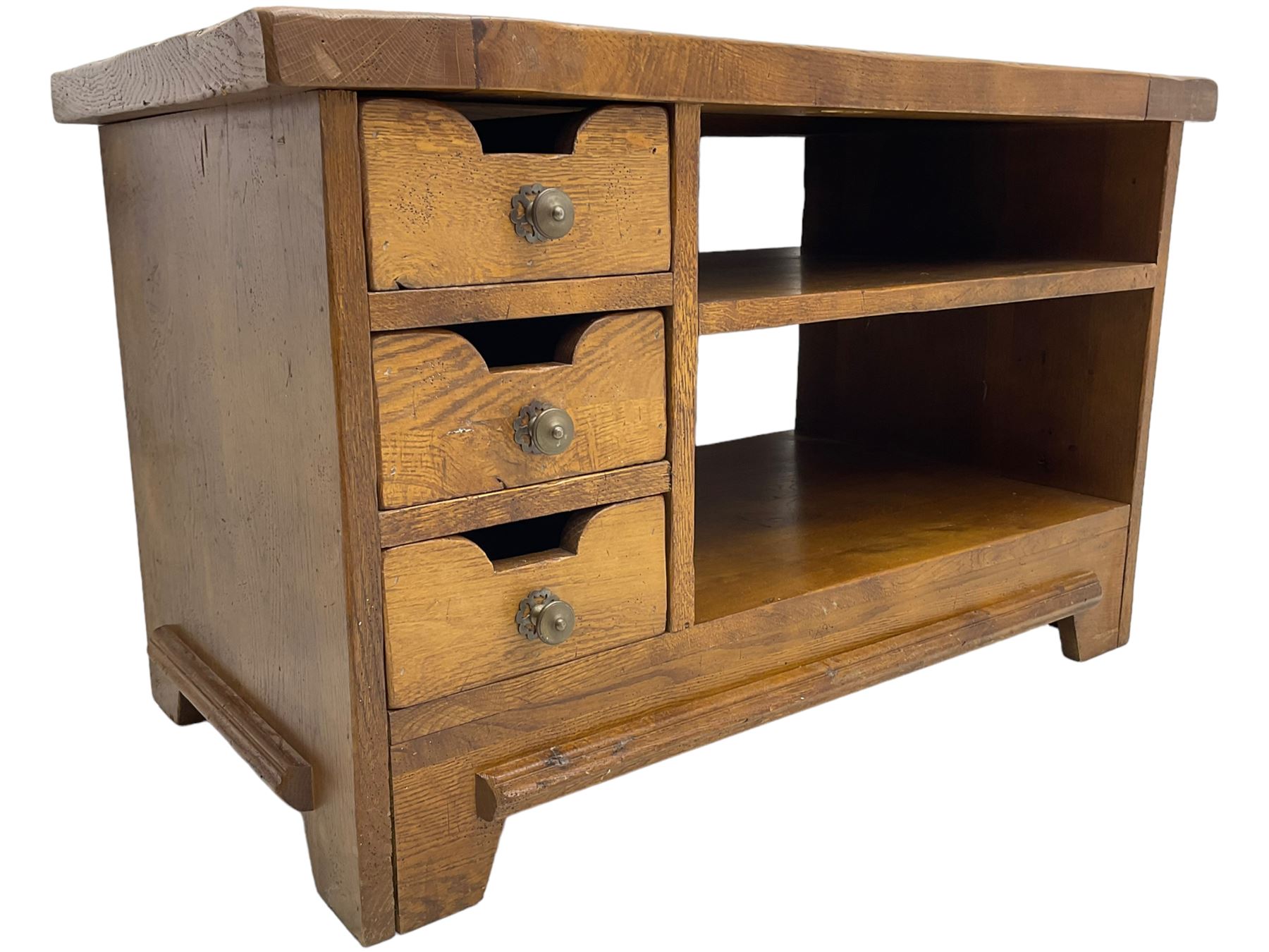 John Lewis - 'Bergerac' oak television stand, rectangular plank top over three drawers with cut-out handles to the left and open shelving to the right, on square supports with slanted edges