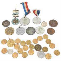 Tokens, medallions and miscellanea, including various 'Victoria Regina To Hanover 1837' tokens, 'The Institution of British Engineers' fob, 'Nelson of the Nile Lodge 1801' hallmarked silver jewel and other similar items 