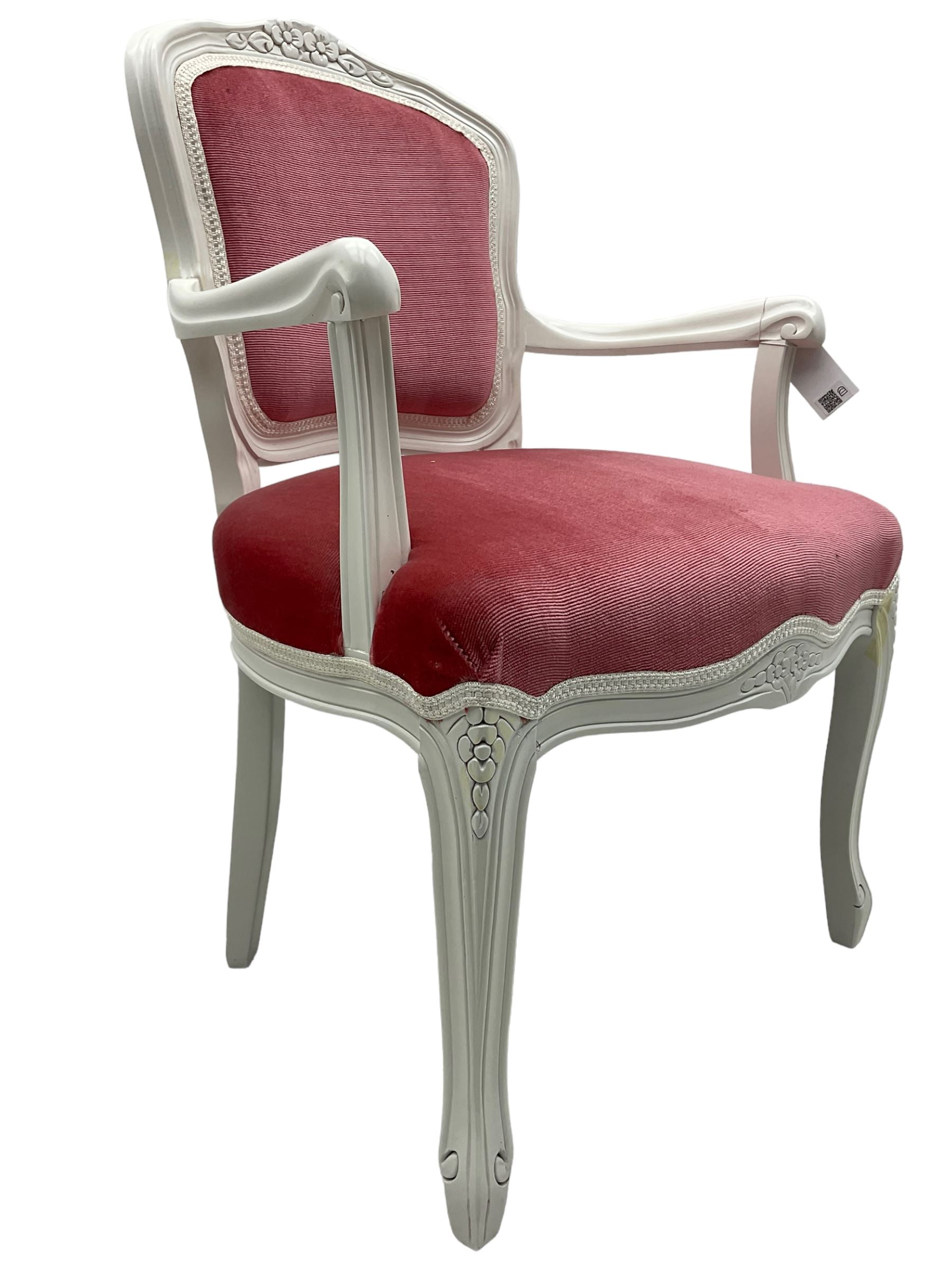 20th century French style armchair, painted white wood frame with carved floral decoration, pink upholstered back and seat, on cabriole supports