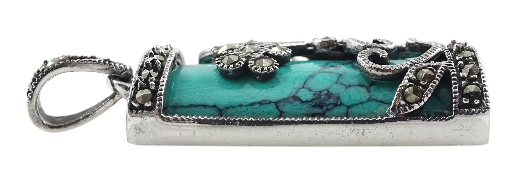 Silver turquoise and marcasite rectangular pendant, stamped 925