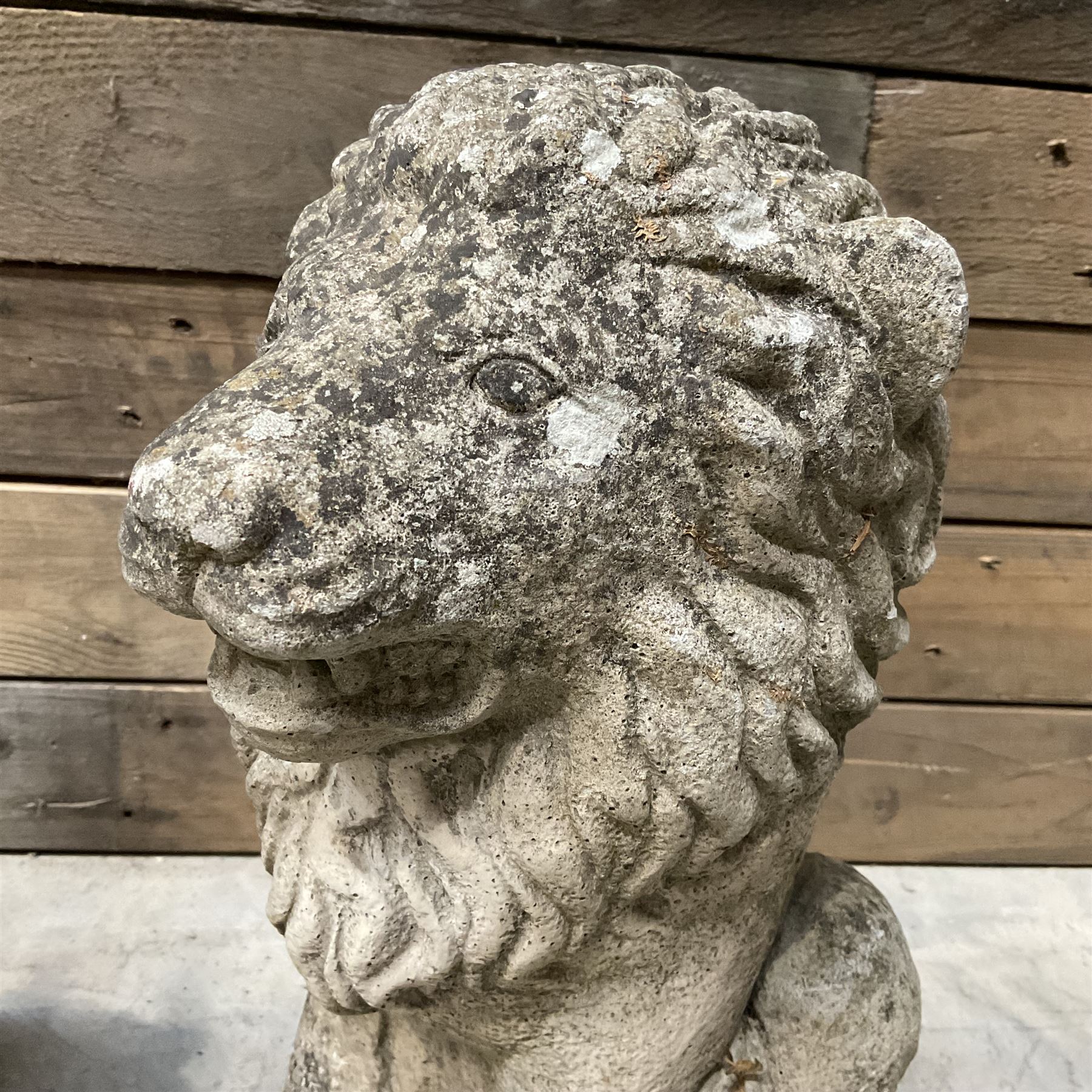 Pair of small weathered cast stone garden seated lions