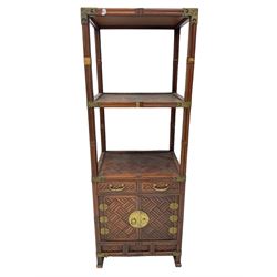 Chinese design bamboo and wood what-not or etagere, parquetry lattice-work bamboo, three tiers over two small drawers and cupboard