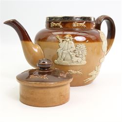 Royal Doulton & Doulton Lambeth Harvest pattern stoneware, comprising a silver mounted teapot, jug, loving cup and miniature jug (4)