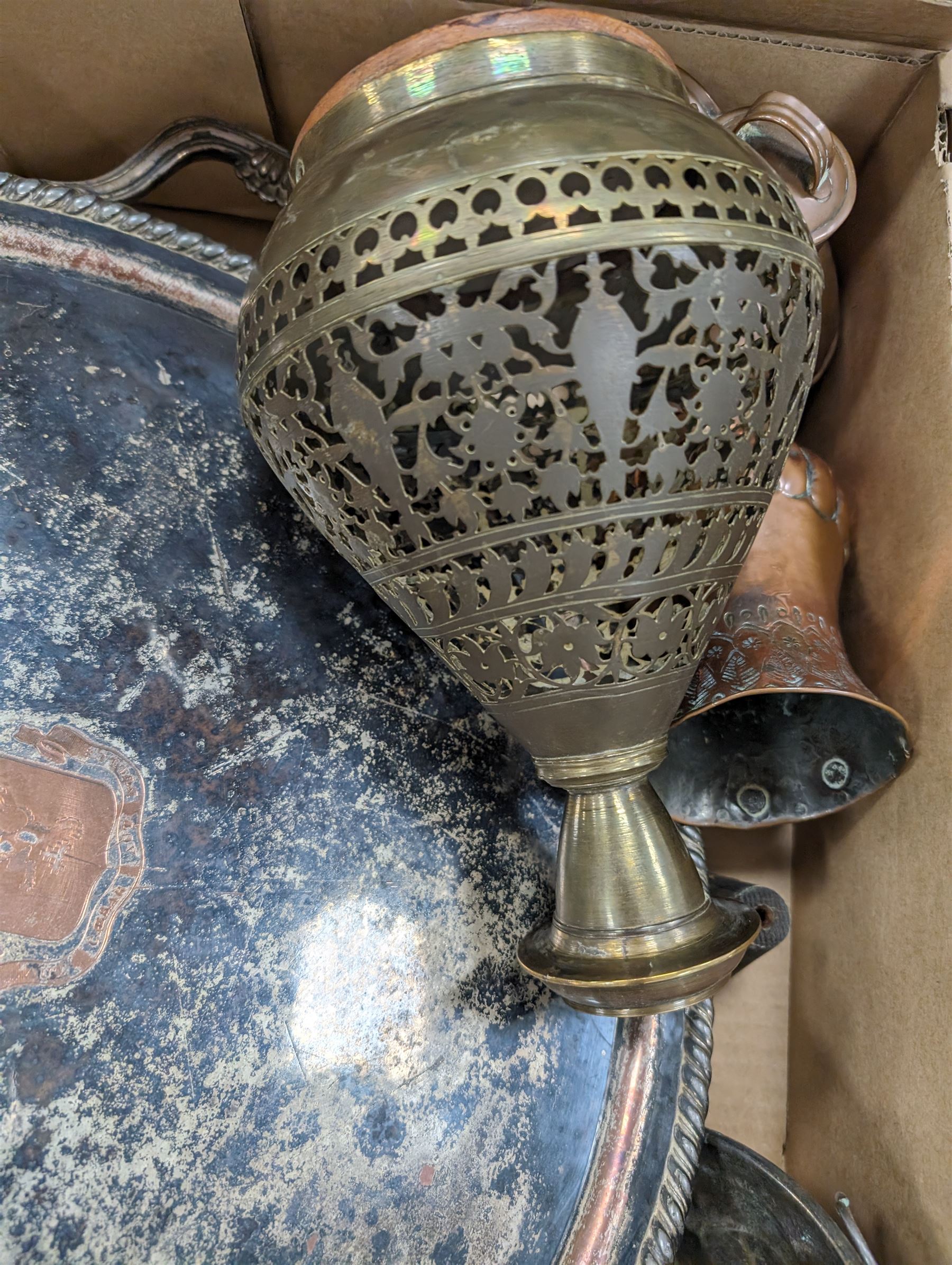 Large silver plated footed twin handled tray, engraved with crest to centre, together with a copper mould and other metalware 