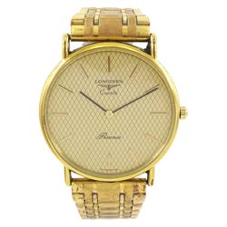 Longines Présence gentleman's gold-plated and stainless steel quartz wristwatch, on gold-plated strap, with certificate dated 1992