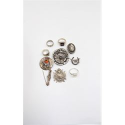 Victorian and later silver jewellery, including embossed buckle ring, Scottish silver thistle brooch, signet ring etc