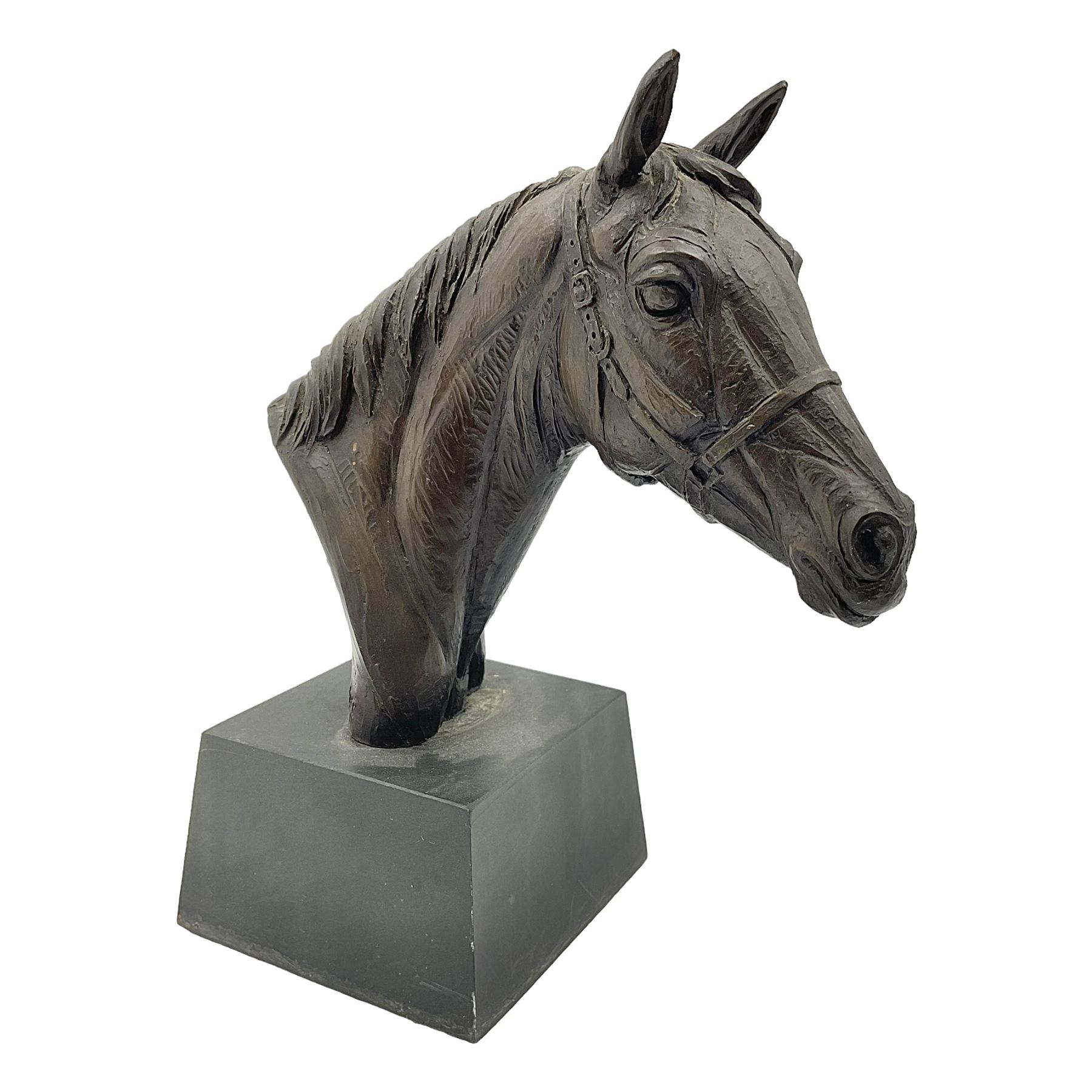 Bronzed composite bust of a horse's head, modelled by Doris Lindner, upon rectangular base, signed to base, H20.5cm