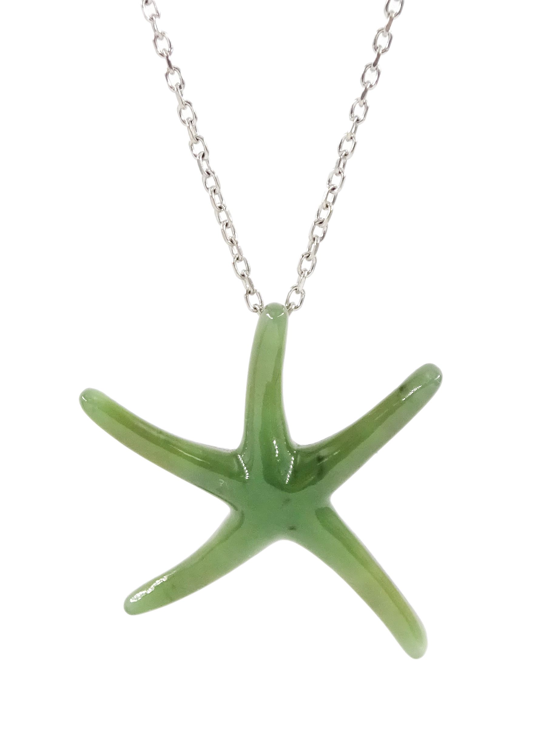 Tiffany & Co silver jade Starfish pendant by Elsa Peretti, on Tiffany 18ct white gold trace link chain necklace, hallmarked, boxed with pouch