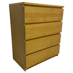 Two Ikea 'MALM' chest of drawers, white stained oak veneer, with four flush front drawers with recessed pulls