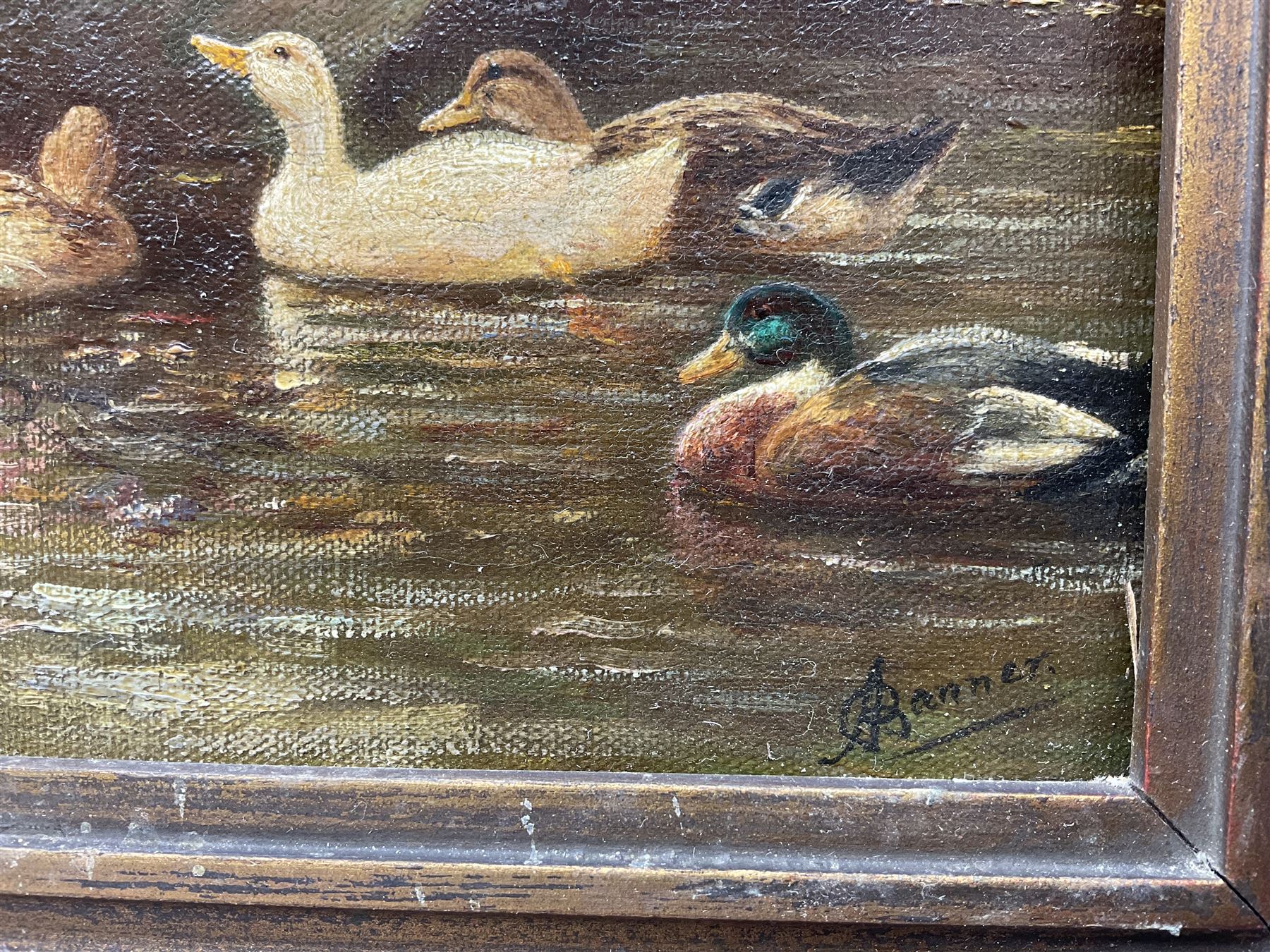 Alfred Banner (British fl.1882-1911): 'Friends' - Feeding the Ducks, oil on canvas signed, titled and dated 1913 verso 24cm x 19cm