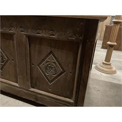 17th century design oak coffer or chest, rectangular hinged top, the frieze carved with lunettes and anthemion leaves, three panels decorated with lozenge and foliage carvings - THIS LOT IS TO BE COLLECTED BY APPOINTMENT FROM THE OLD BUFFER DEPOT, MELBOURNE PLACE, SOWERBY, THIRSK, YO7 1QY