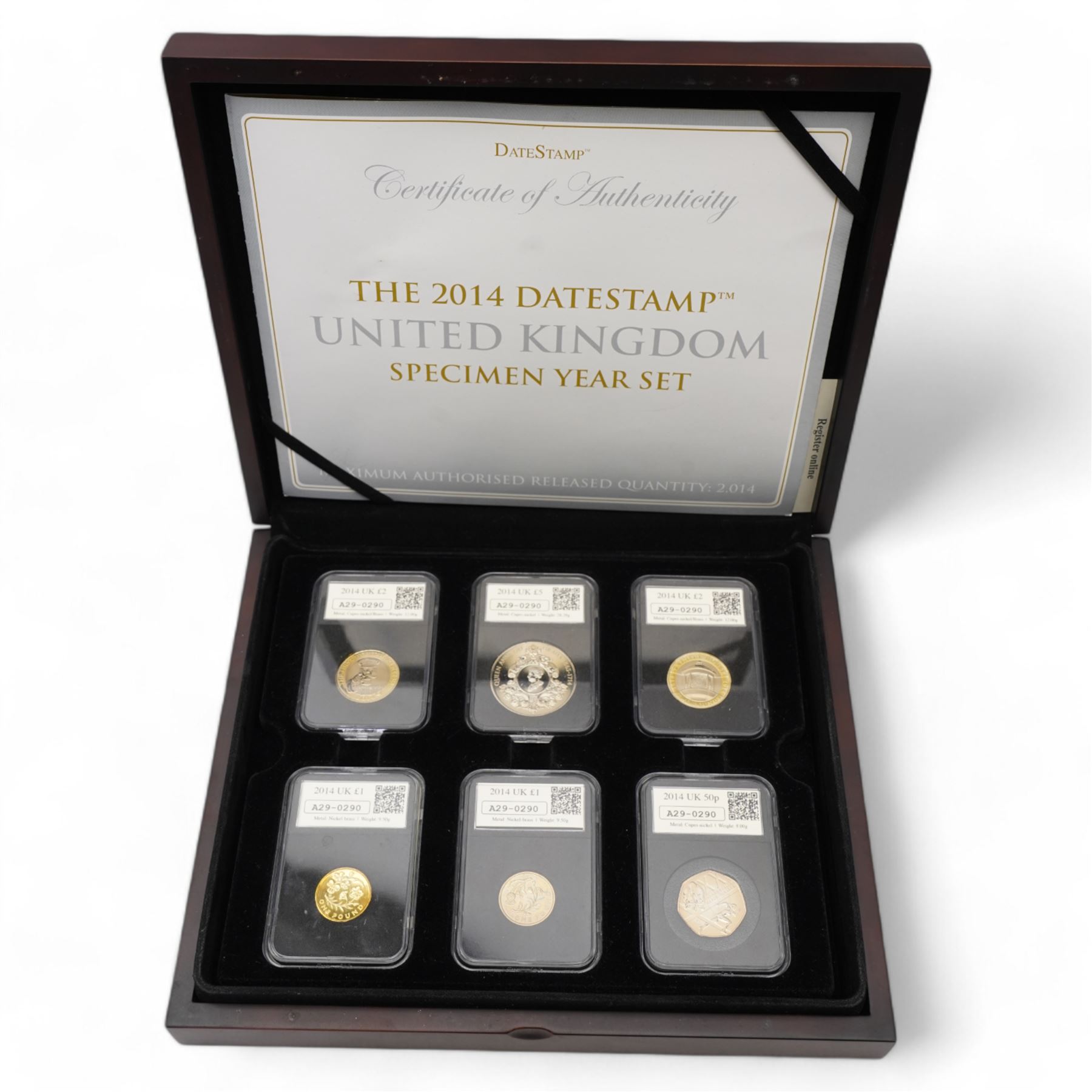 Two Datestamp United Kingdom specimen year sets, dated 2014 and 2016, both cased with certificates