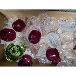 Large collection of glassware, including coloured and cut glass, in three boxes