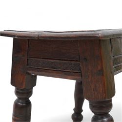 18th century oak joint stool, moulded rectangular top over geometric carved and moulded frieze rails, on turned supports united by plain stretchers 