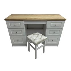 Oak and white finish twin pedestal dressing table or desk, fitted with six drawers and with stool