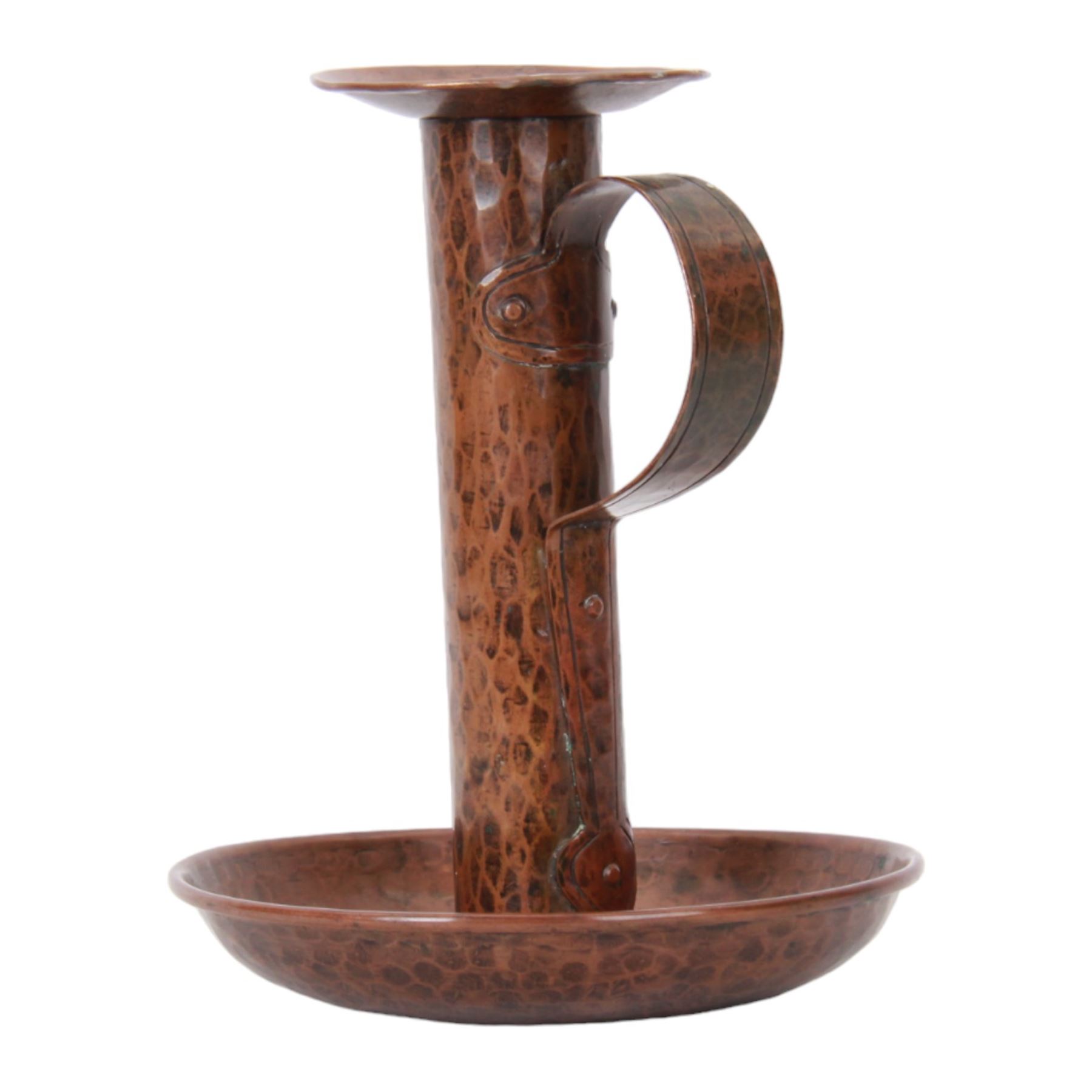 Large Arts & Crafts copper chamberstick, the circular dish with tall cylindrical stem, circular nozzle, and applied strap handle, the whole with hammered finish, with impressed mark beneath, H22cm