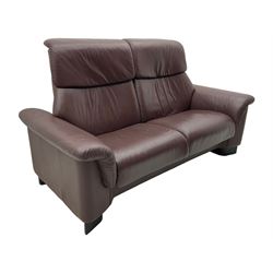 Ekornes Stressless - three-seat sofa upholstered in chocolate brown leather, with high backrests, cushioned headrests, and manual reclining mechanism (L248cm, D84cm, H102cm); with matching two-seat sofa (L184cm, D84cm, H102cm)