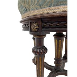 Holland & Sons (London: 1843-1942) - mid-to-late 19th century French design stool, circular form with upholstered cushioned seat in foliate pattern fabric, on lobe carved turned and fluted supports united by shaped X-framed lower stretchers 