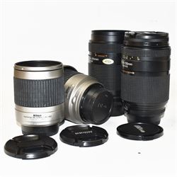 Four Nikon camera lenses, to include AF Nikkor 70-210mm 1:4-5.6 serial no. 2000640, AF Nikkor 70-300mm 1:4-5.6 G serial no. 2284940, AF Nikkor 35-135mm 1:3.5-4.5 serial no 301027 and AF Nikkor 28-100mm 1:3.5-5.6 G serial no 2185570