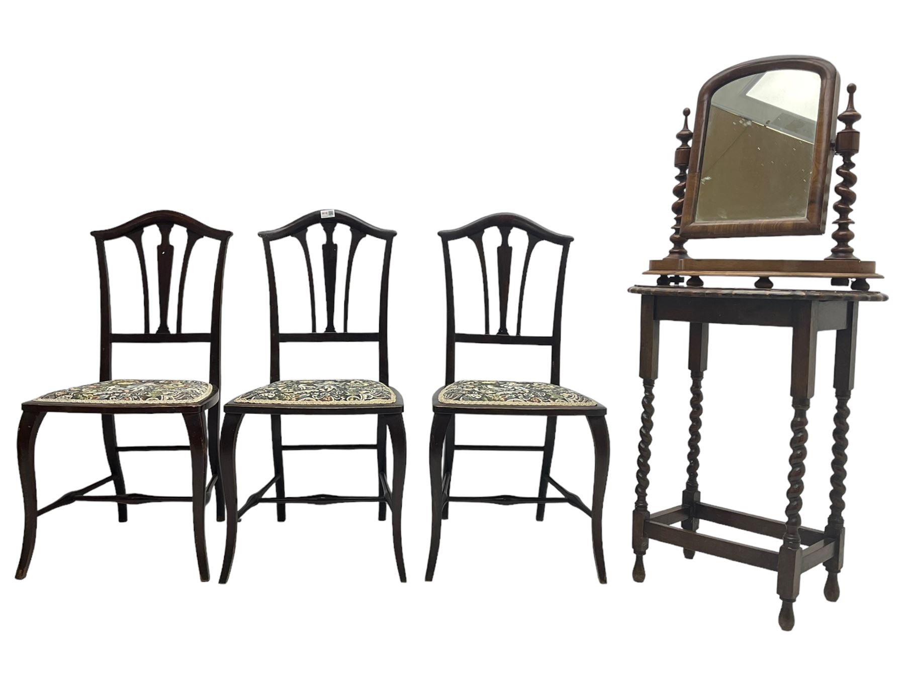 Set three Edwardian stained beech bedroom chairs, seat upholstered in tapestry fabric with pastoral scene and foliage, on cabriole supports; together with oak barley twist side table and a Victorian walnut dressing table mirror (5)