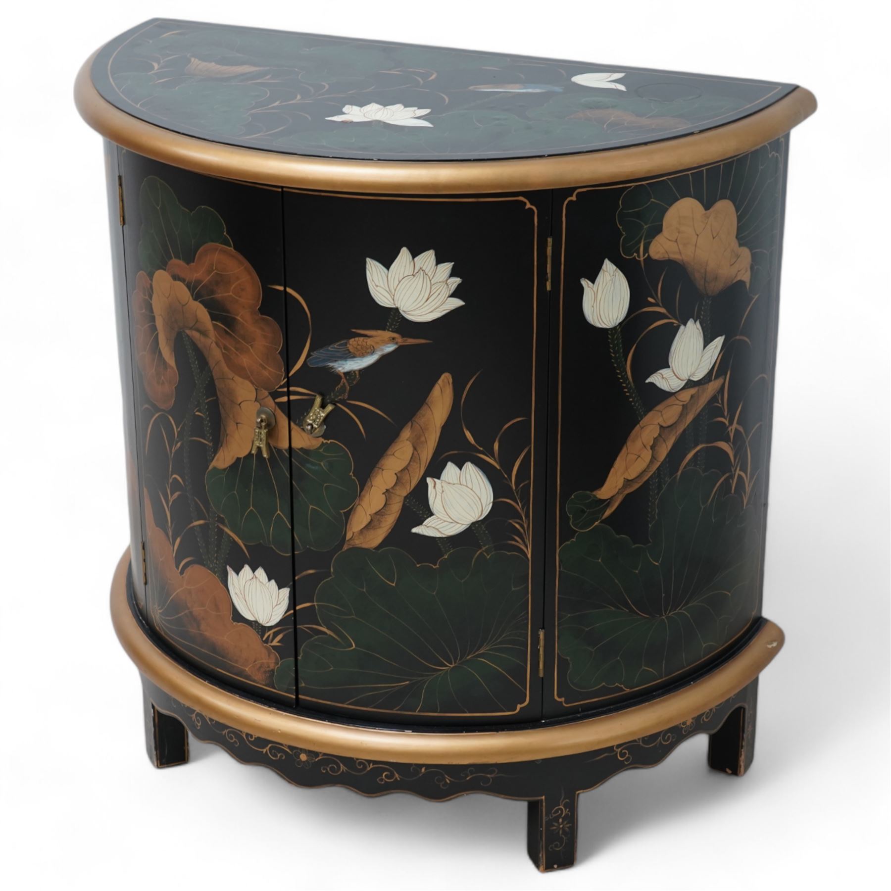 Chinoiserie design demi-lune cabinet, moulded top over two panelled doors, decorated with floral decoration and birds 