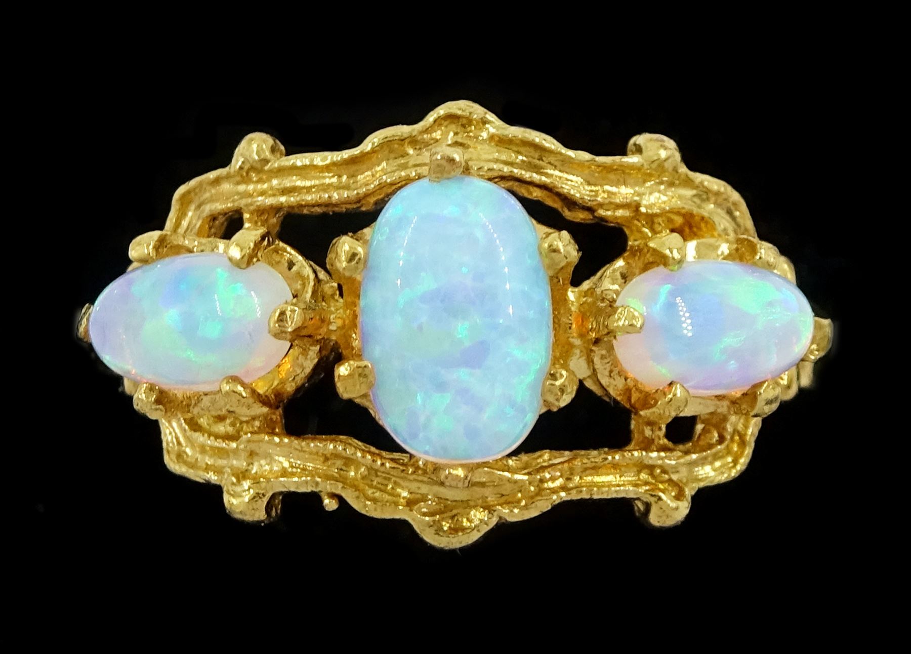 Silver-gilt three stone opal ring, stamped