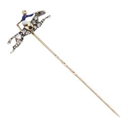 Early 20th century gold and silver, diamond and enamel stick pin, the galloping horse set with single cut diamonds, the jockey with blue and white enamel, in velvet and silk lined box